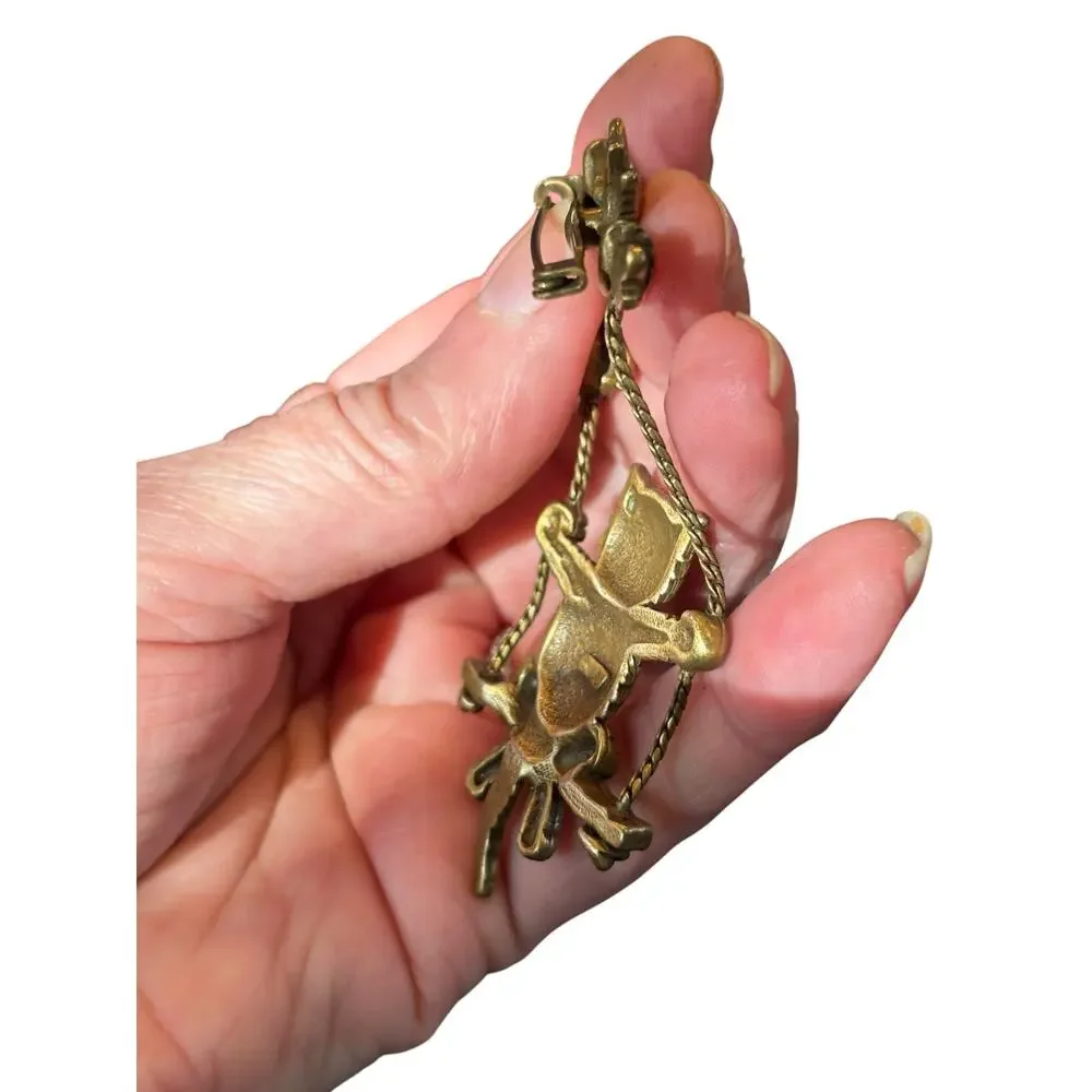 Whimsical JJ Cat on Swing Brooch Dangling Bird Gold Tone Vintage Figural
